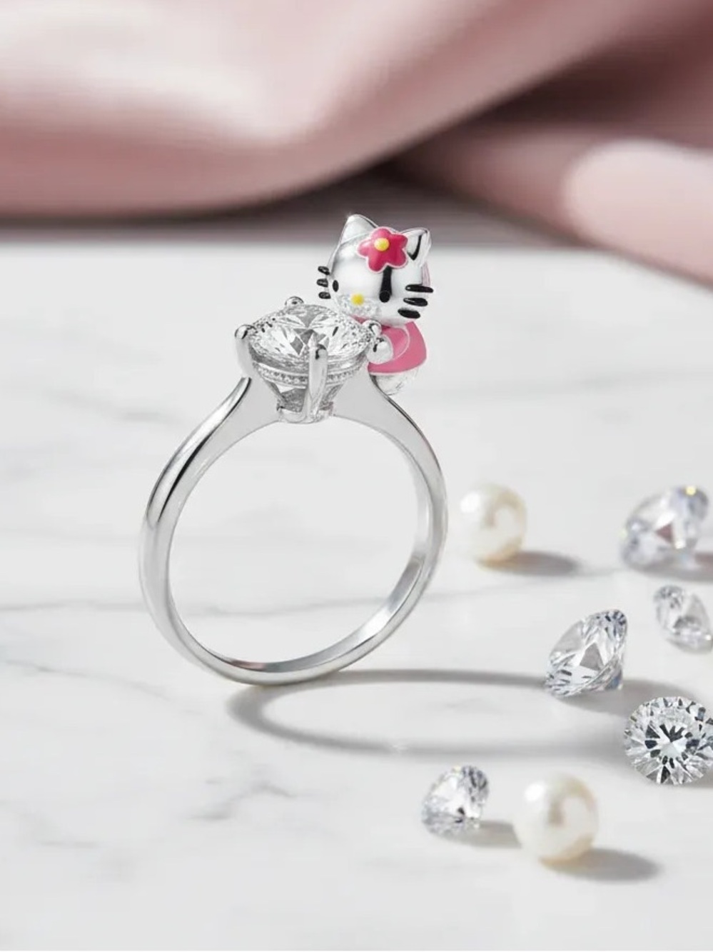 925 Sterling Silver Hello Kitty Sanrio Hugging Diamond Solitaire Ring Character